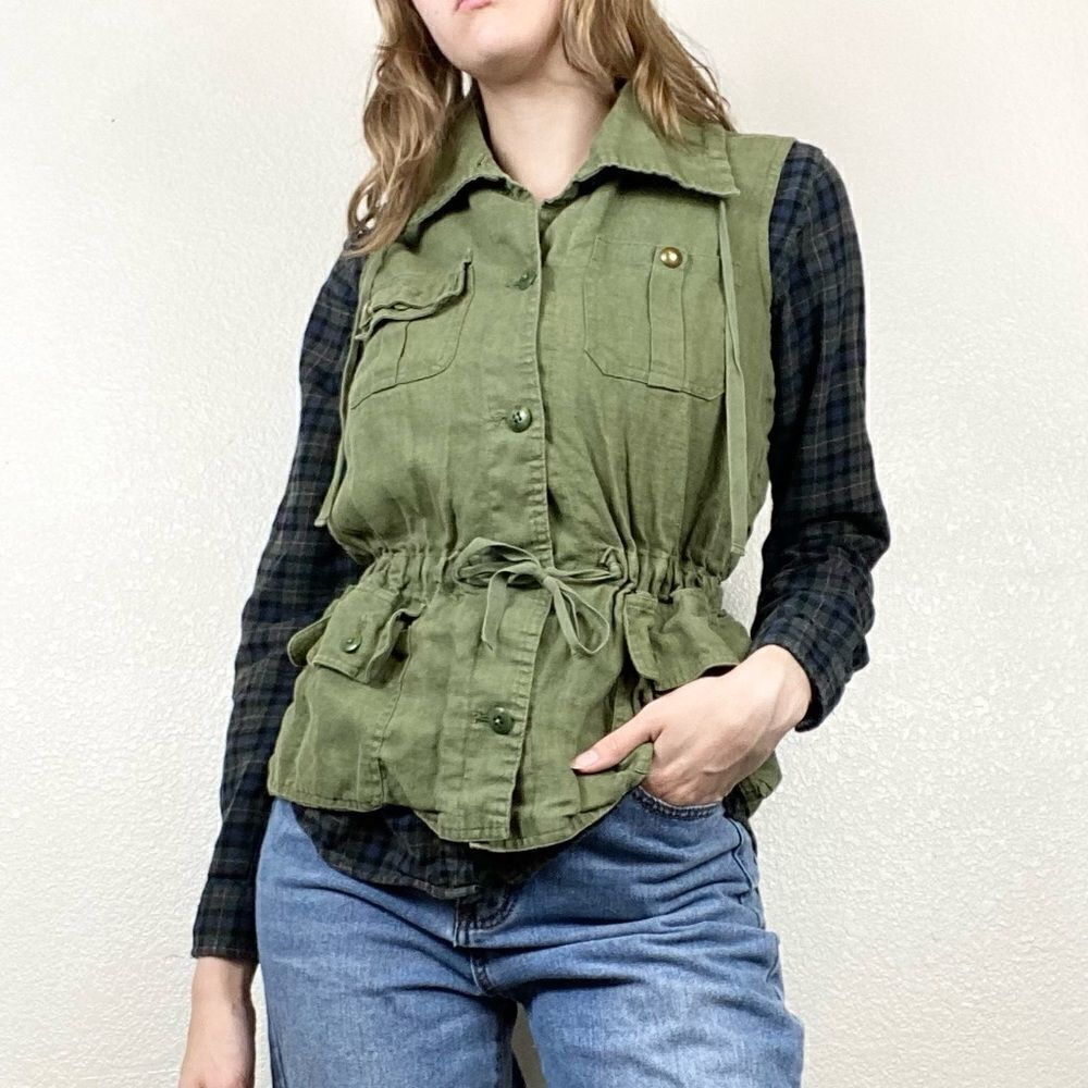 Lauren Ralph Lauren Olive Green Linen Button Up Cargo Vest